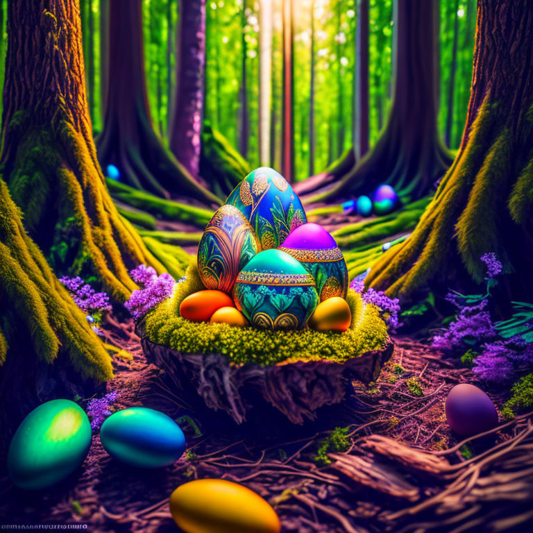 Colorful Easter eggs in forest nook with sunlight and purple flowers.