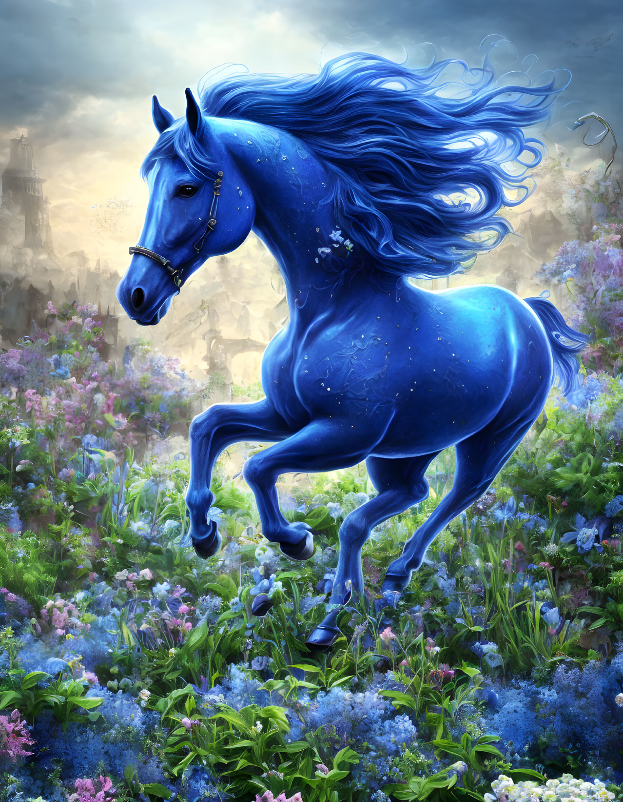 Majestic blue horse galloping in vibrant meadow with castle view