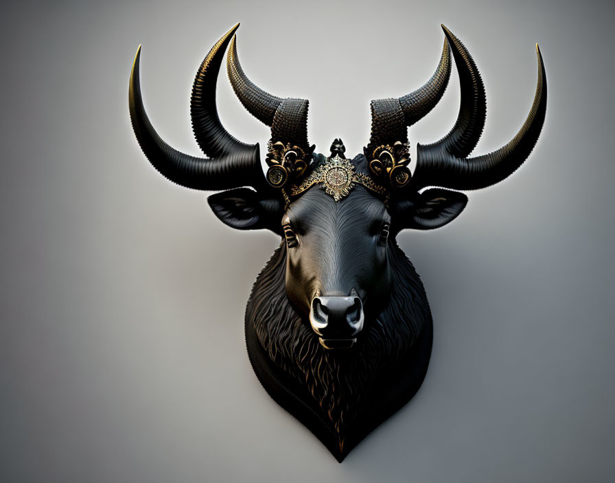 Stylized bull's head with metal elements and curved horns in 3D render