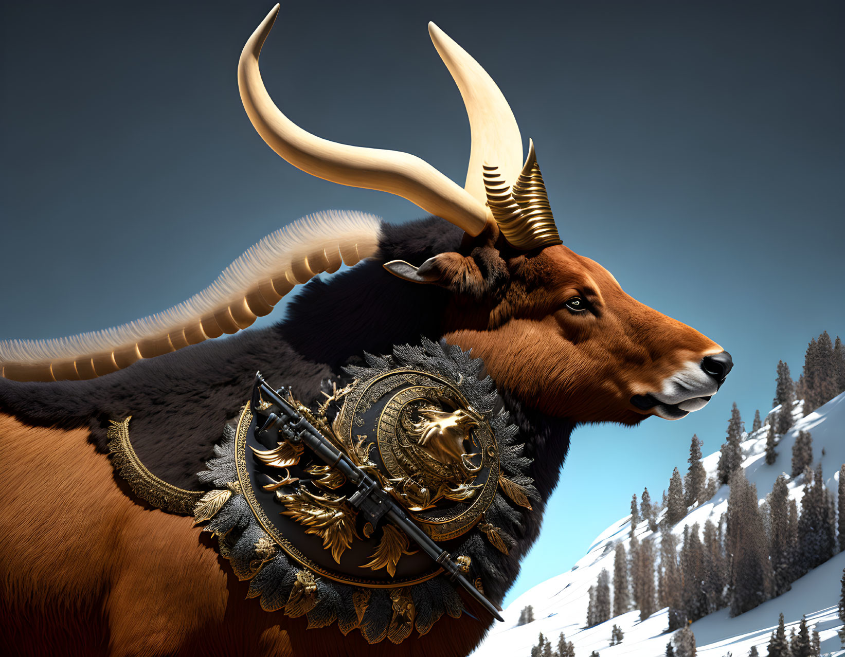 Golden-Horned Bovine Creature in Ornate Armor on Snowy Mountain