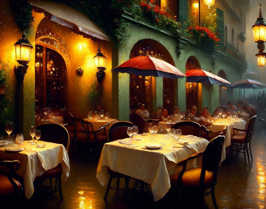 Nighttime street-side restaurant with warm lighting, set tables, red umbrellas, and blooming flowers