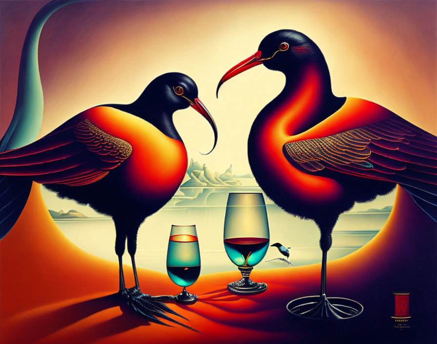 Colorful Stylized Birds with Glass of Water and Wine in Surreal Background