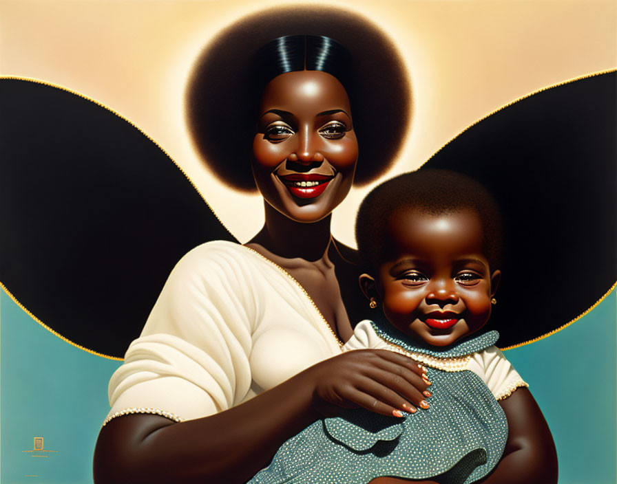 Stylized painting of smiling woman with halo holding baby on two-toned background