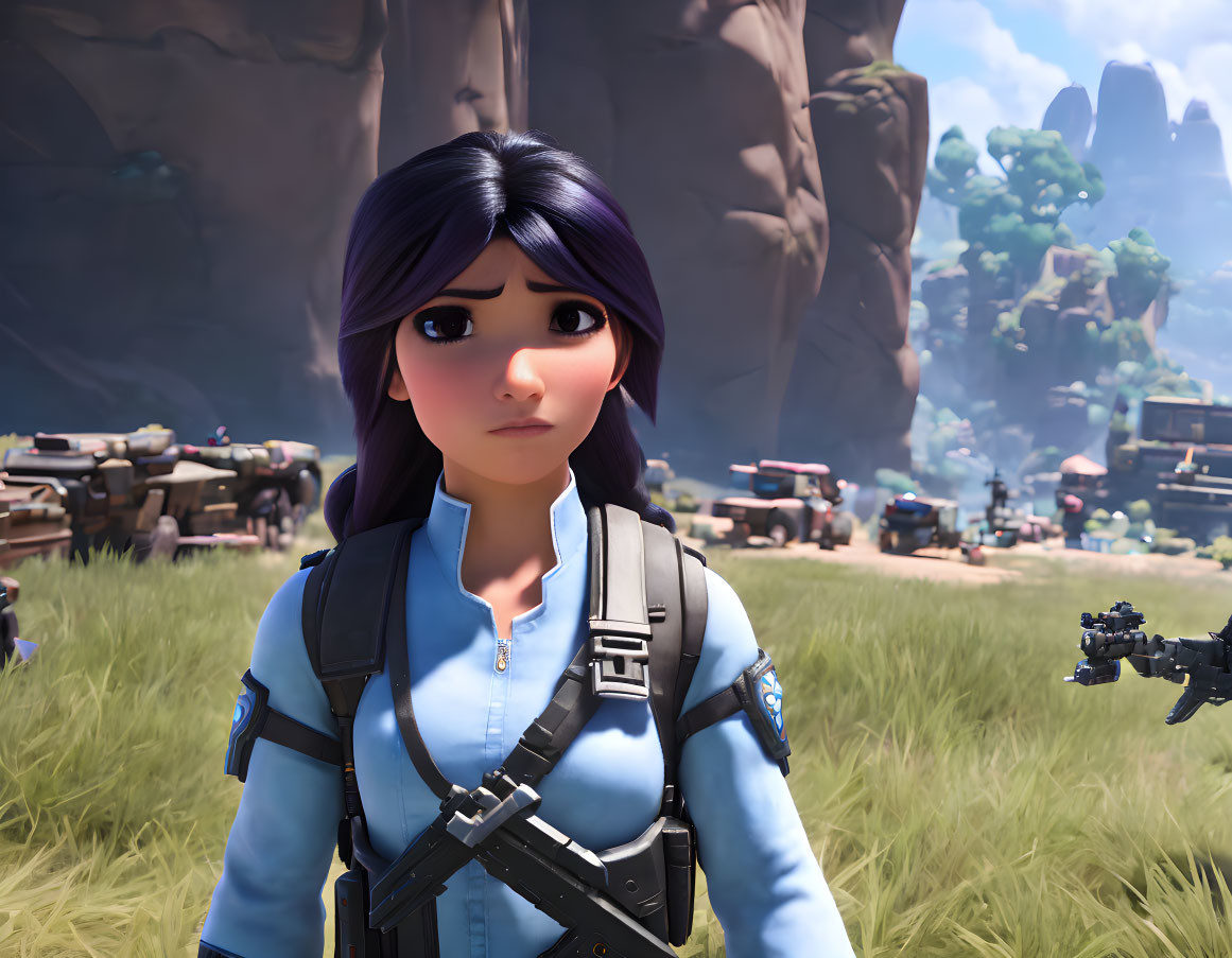 Purple-haired female character in blue shirt and black harness on rocky terrain.