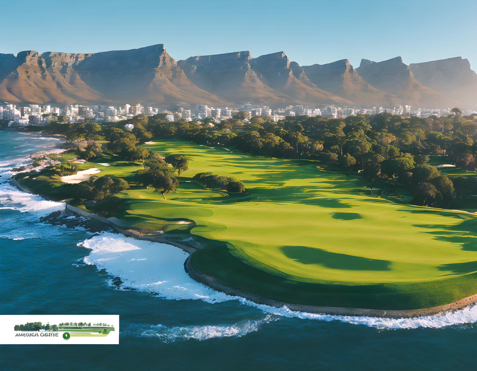 Scenic Coastal Golf Course with Turquoise Sea and Mountain Backdrop