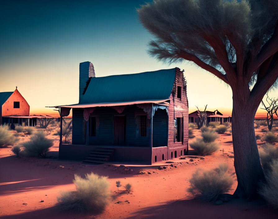 Desert dusk scene: old wooden house with blue roof in sandy landscape.