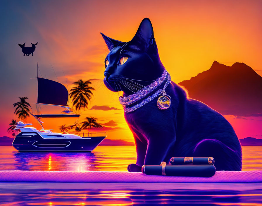 Digital artwork of giant black cat on dock at sunset with yacht and flying bat.