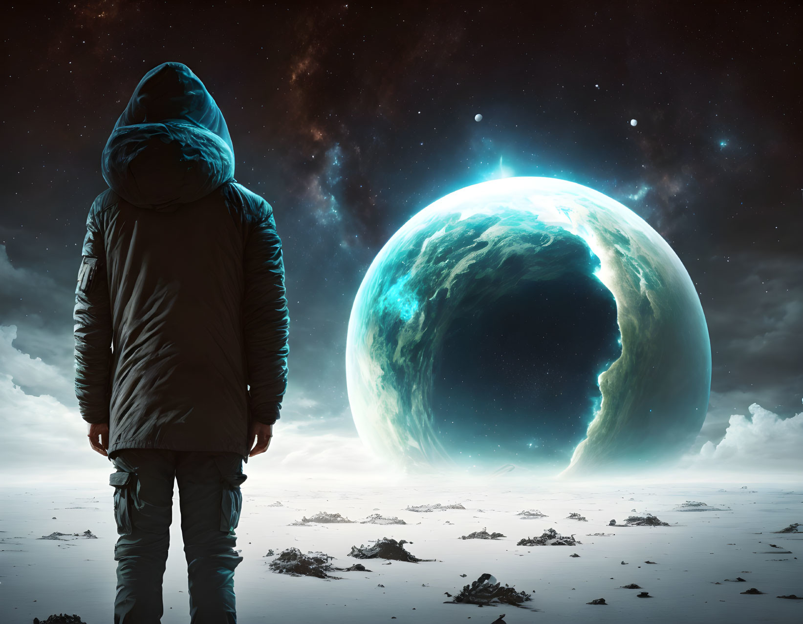 Hooded figure gazes at glowing planet in barren landscape