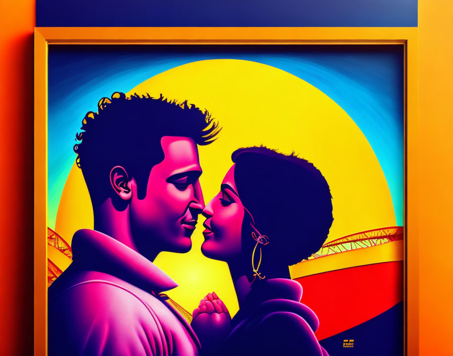 Vibrant illustration: loving couple against sunset backdrop with golden frame