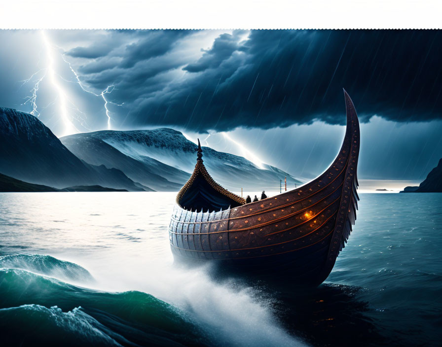 Viking longship sailing in stormy sea with lightning bolts