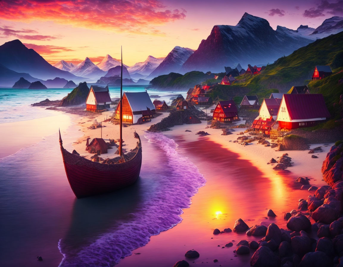 Scenic Viking coastal village at sunset with red houses, longship, and mountains