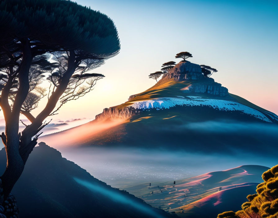 Sunset scene: Snow-capped hill, unique trees, mist, colorful hues