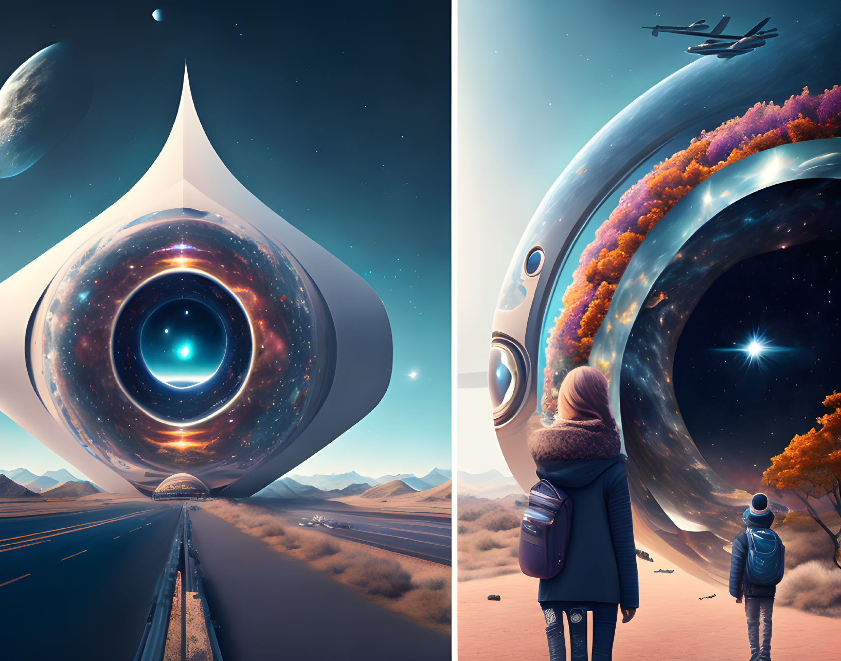 Surreal giant eye structures in desert and autumn landscapes with onlookers