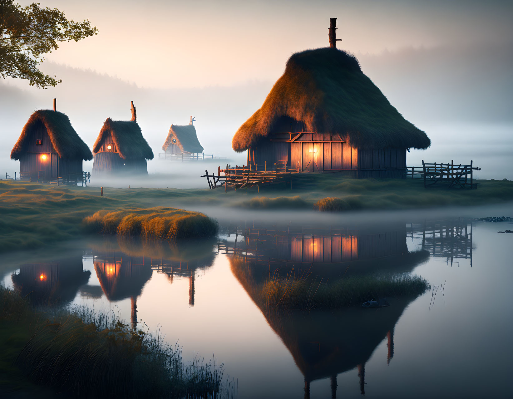 Twilight scene of thatched-roof cottages by a tranquil river