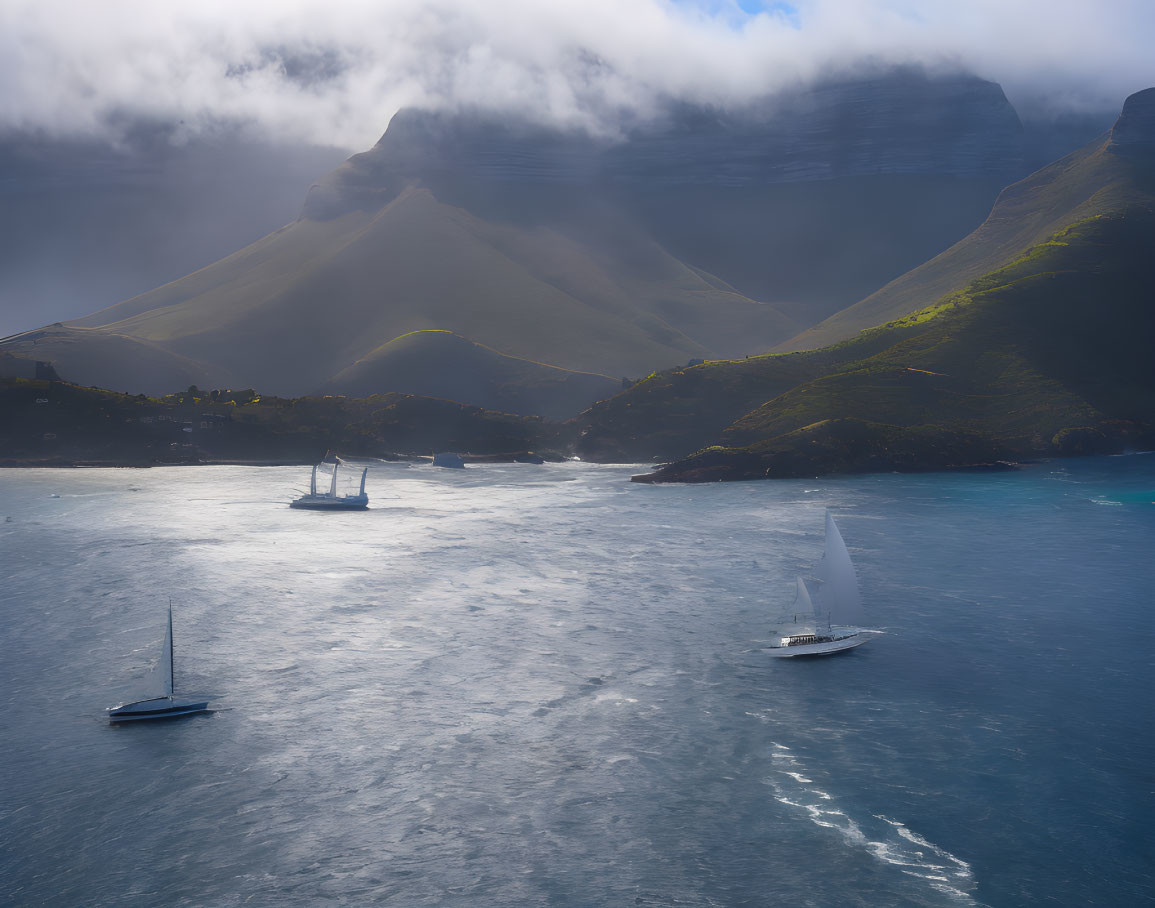 Tranquil seascape with sailboats, misty mountains, and cloudy sky