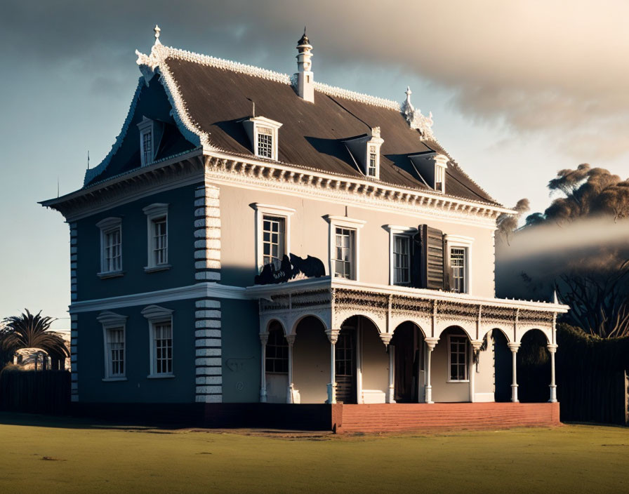 Two-story blue house with white trim, balcony, and lawn under dramatic sky