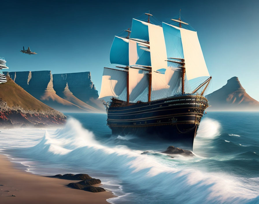 Historical sailing ship near steep cliffs with futuristic aircraft in tranquil sky