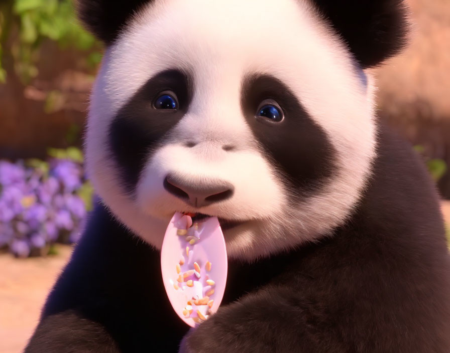 Close-up of animated panda with bright eyes holding a bitten popsicle, purple flowers in background