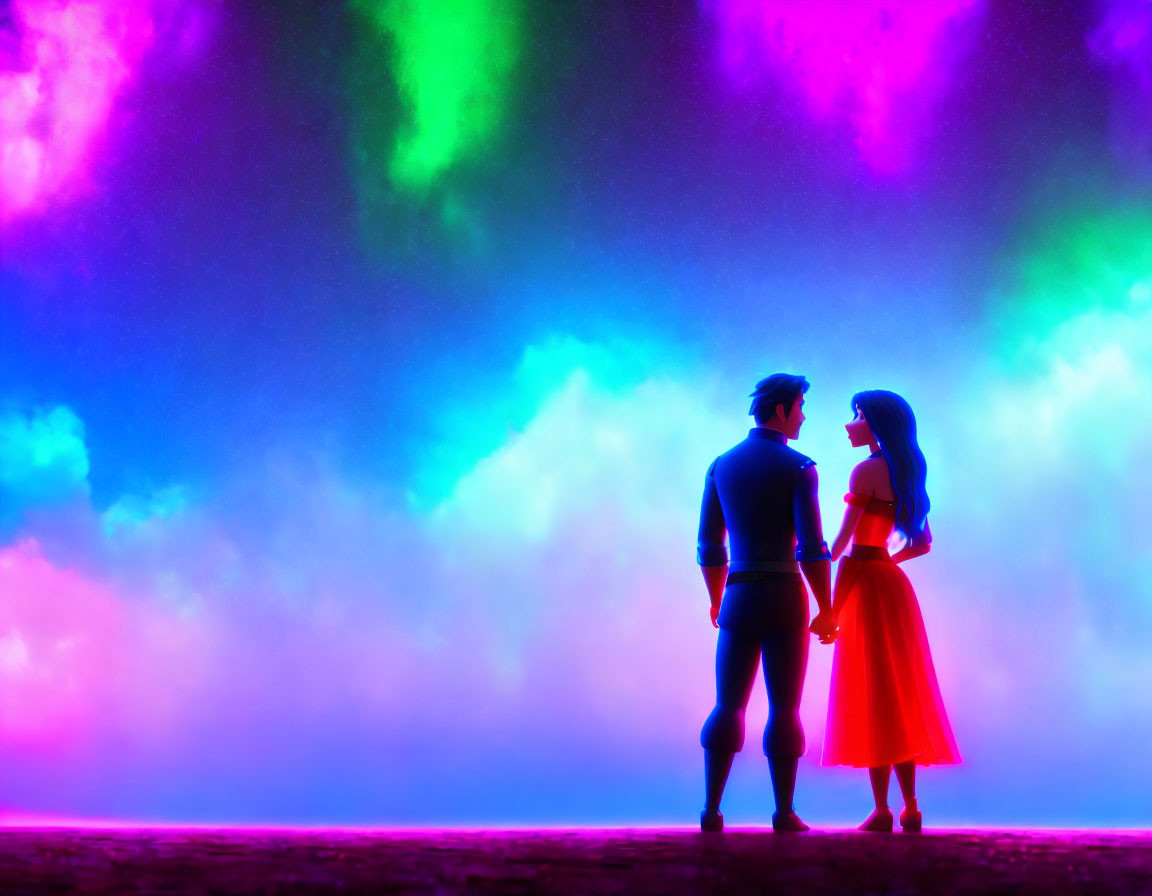 Silhouetted figures under vibrant aurora backdrop