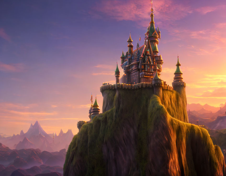 Majestic castle on green cliff at sunset with mountains in background