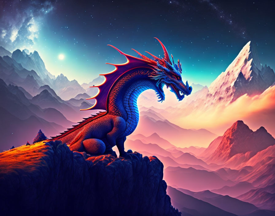 Majestic dragon on mountain cliff at sunset with celestial body