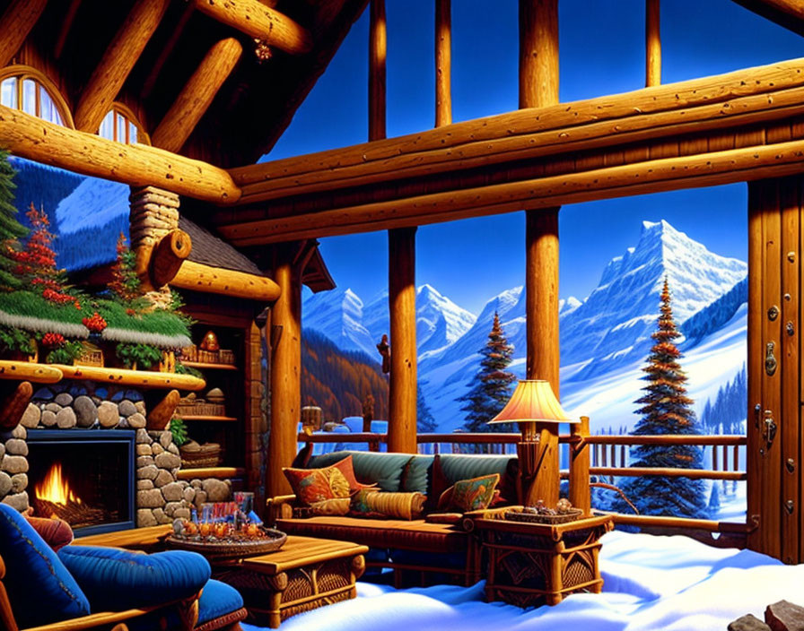 Rustic Mountain Cabin Interior with Fireplace & Snowy Views