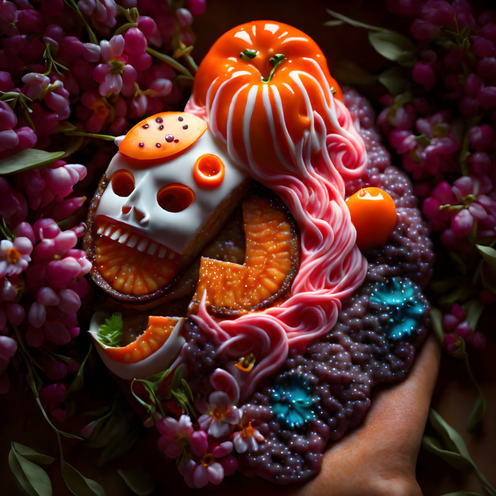 Colorful Skull-Shaped Cookie with Halloween and Day of the Dead Decorations