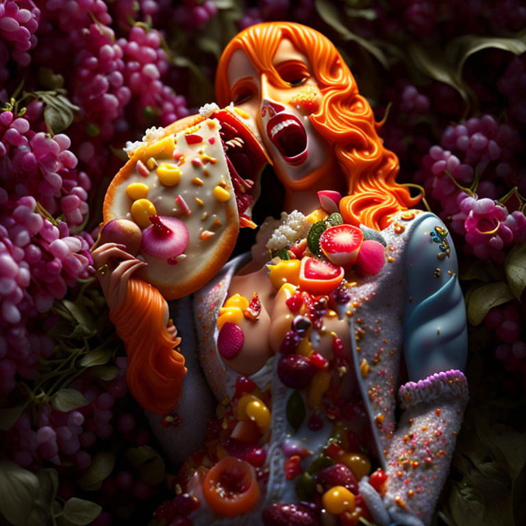 Colorful Figure with Red Hair Surrounded by Flowers and Food biting into Decorated Cookie