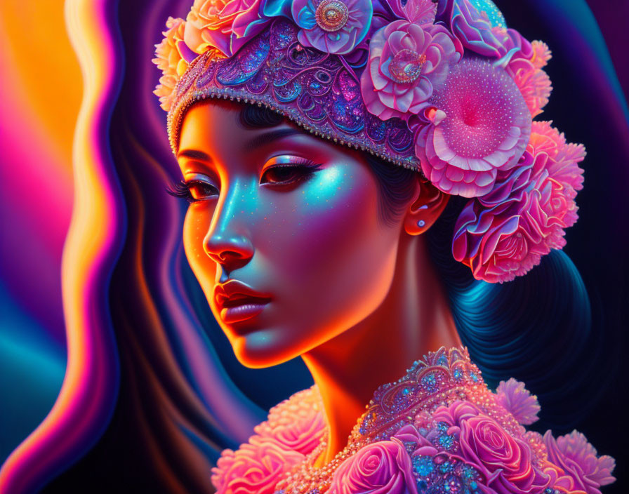 Vibrant neon digital artwork of a woman with floral headdress