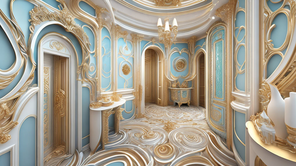 Luxurious Baroque-style room with gold and blue designs, swirling floor pattern, ornate furnishings,