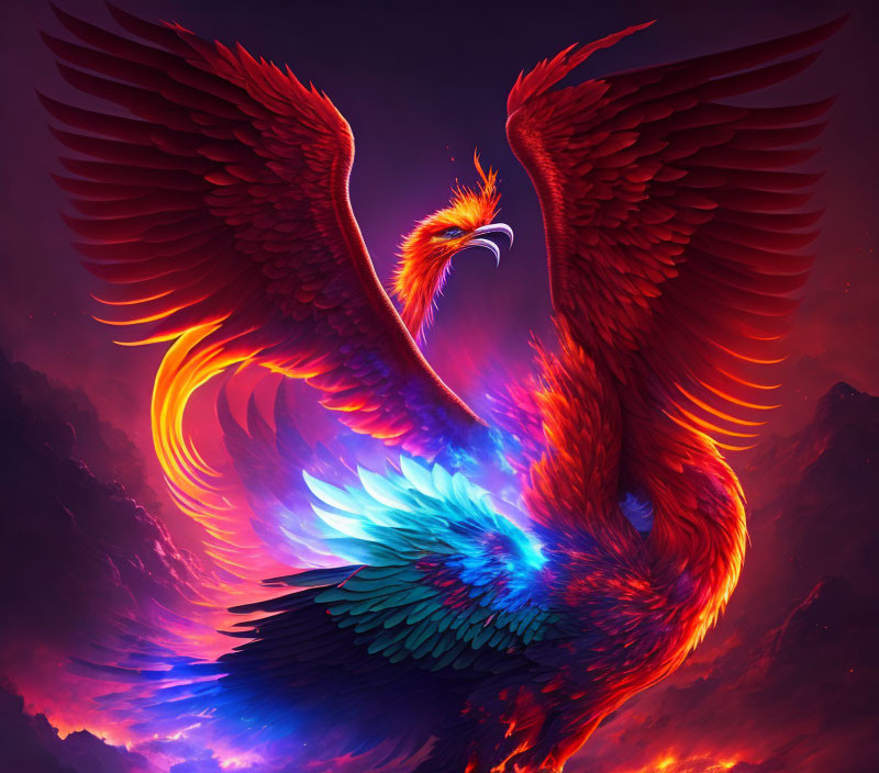 Colorful Phoenix Illustration Soaring in Celestial Scene