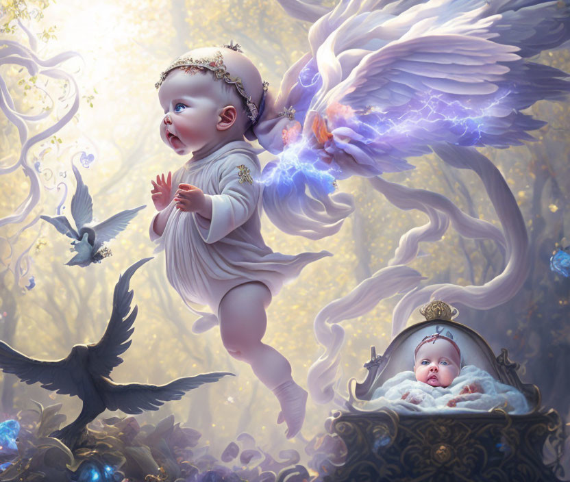 Flying cherubic baby above another in cradle with birds in mystical forest