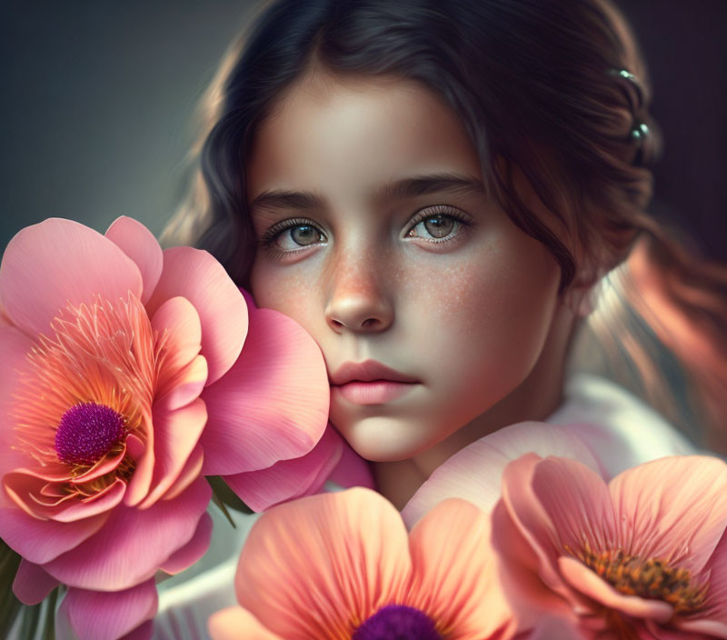 Young girl with blue eyes surrounded by pink flowers in a dreamy scene