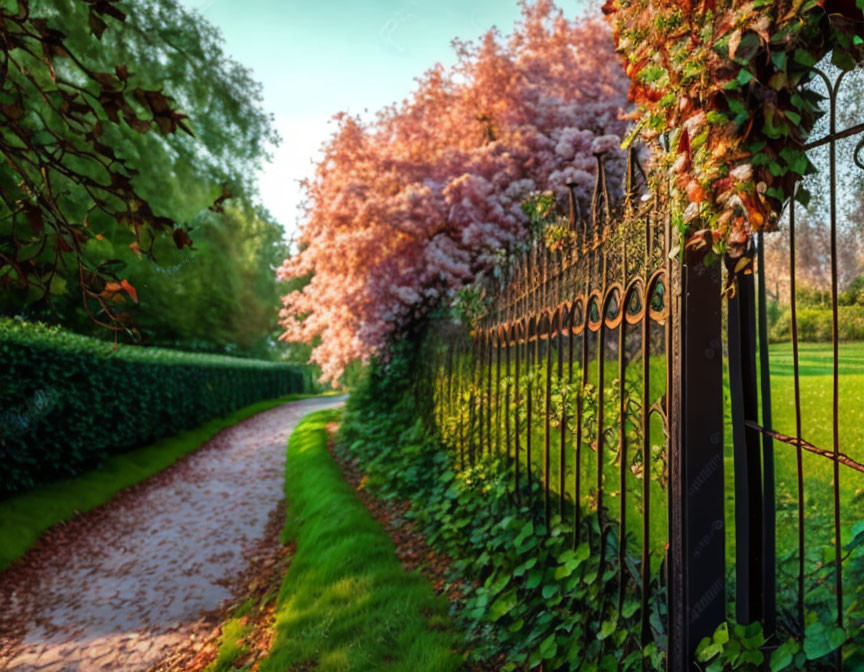 Curved pathway with iron fence, lush greenery, blooming trees