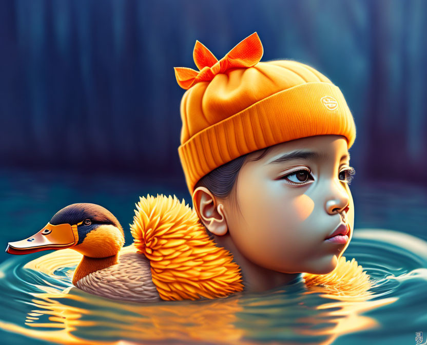 Child in orange hat swims with rubber duck for a serene scene