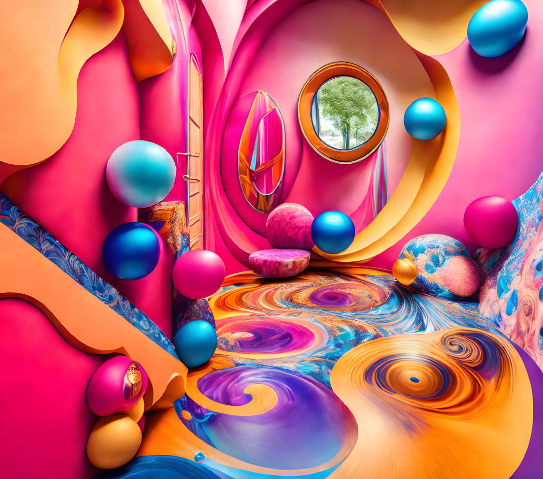 Colorful Surreal Room with Swirling Patterns and Round Windows