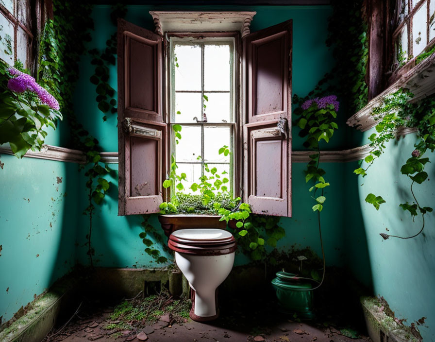 Abandoned bathroom with overgrown plants and peeling walls