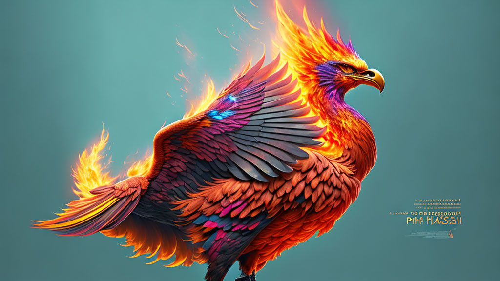 Digital art: Phoenix with fiery wings on teal background