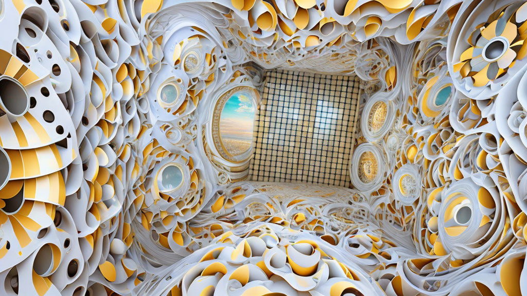 Abstract White and Yellow Swirling Tunnel Leading to Bright Grid Sky View