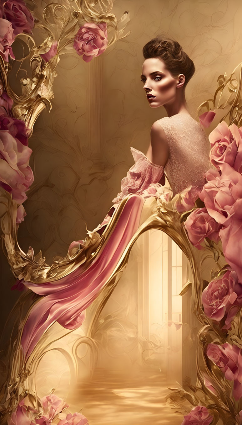 Woman in pink gown with updo hairstyle amidst golden floral patterns and roses under soft glowing light