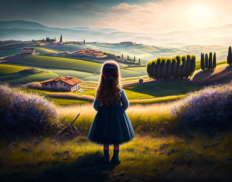 Young girl in blue dress in Tuscan field at sunset with farms and cypress trees