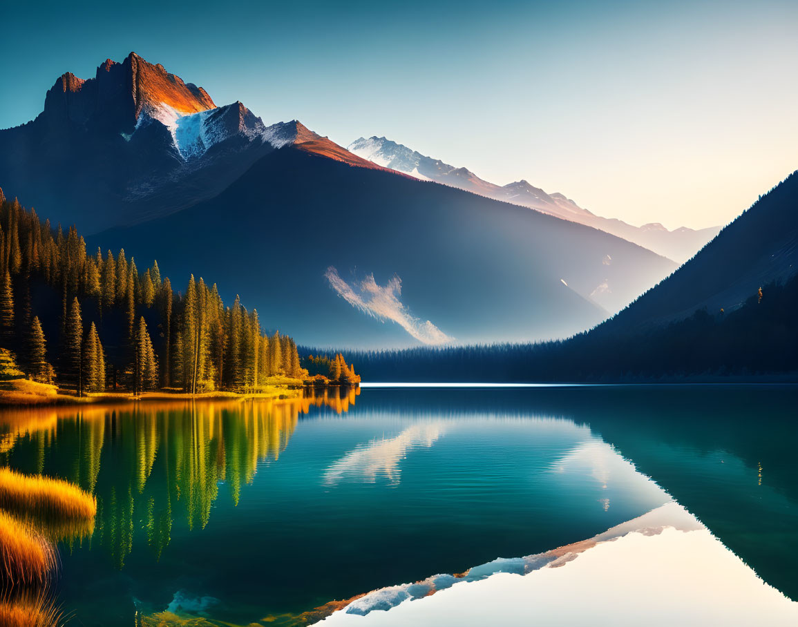 Tranquil alpine landscape at sunrise with lake, mountains, and forests