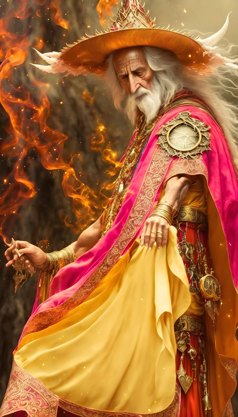 Elderly wizard in golden robes with fiery staff and hat