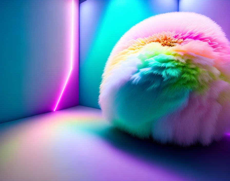 Fluffy Multicolored Pom-Pom Glowing Under Neon Lights