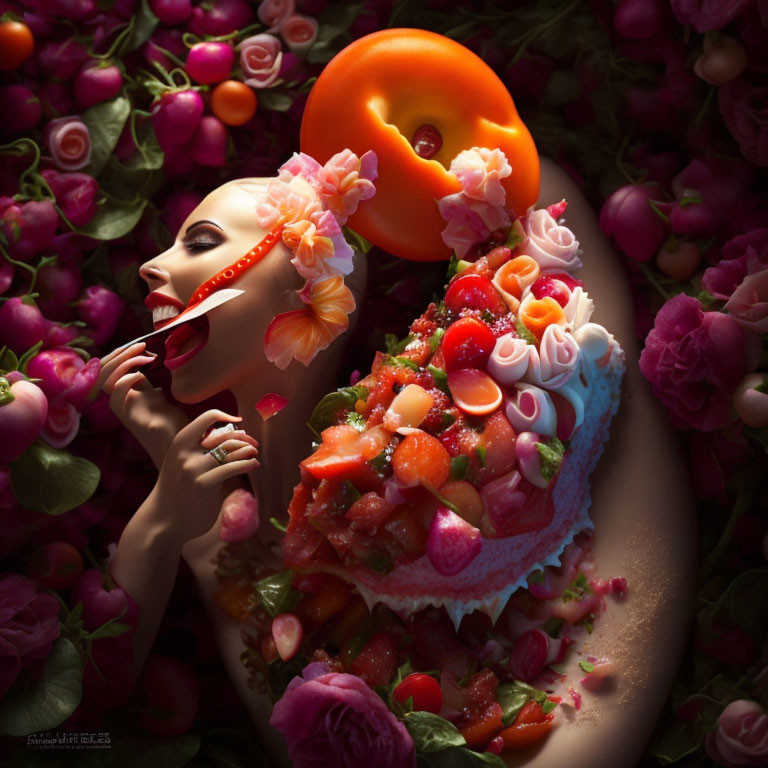 Surreal woman's face with fruit, flowers, and cake slice symbolism