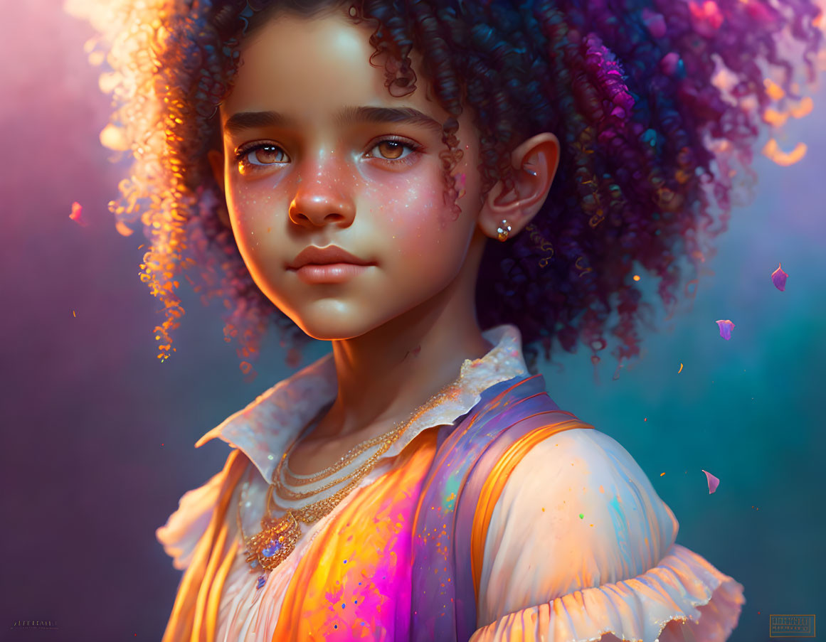 Colorful digital portrait of young girl with curly hair on dreamy background