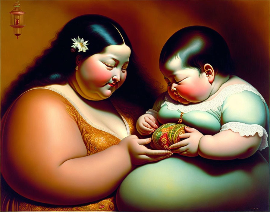 Colorful painting of woman and child with exaggerated features holding orb under lantern