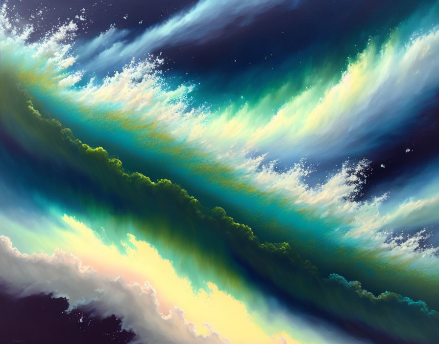 Celestial digital painting with swirling blue, green, and yellow clouds