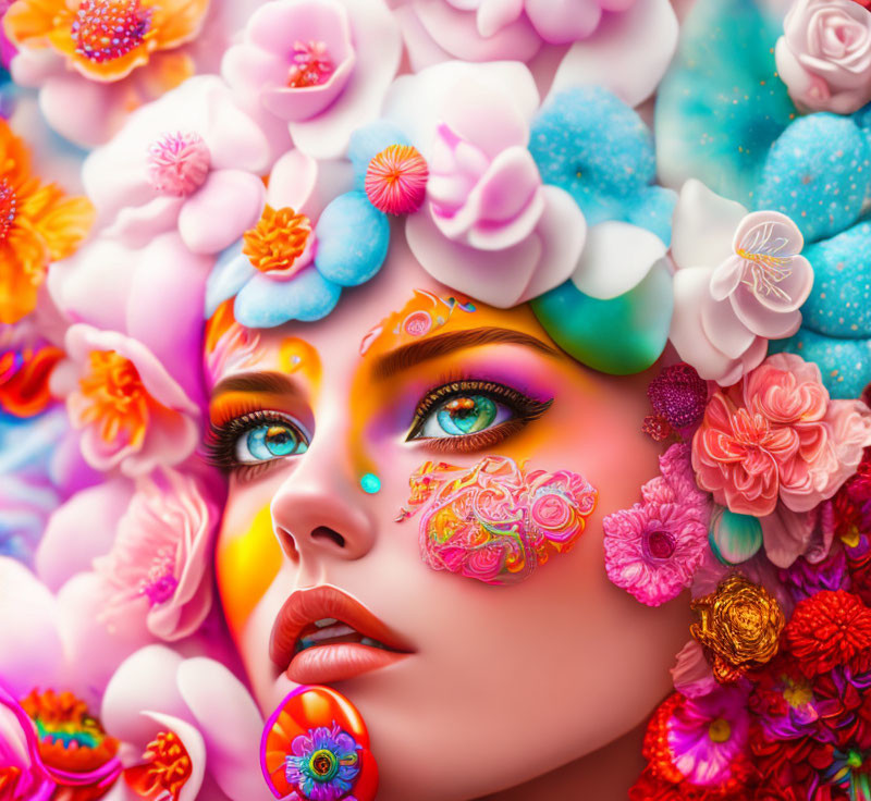 Colorful portrait of a woman with floral adornments and intricate makeup