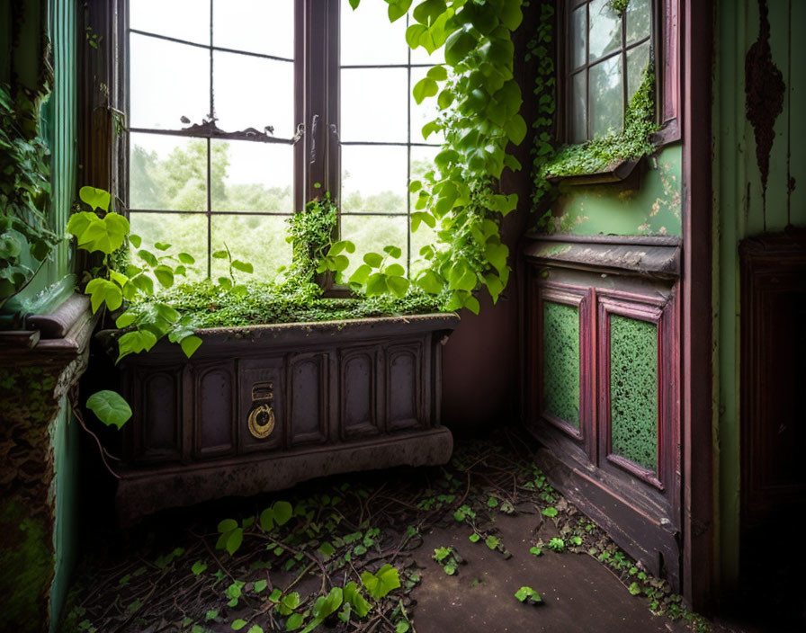 Overgrown green plants, vintage radiator, broken windows in abandoned room